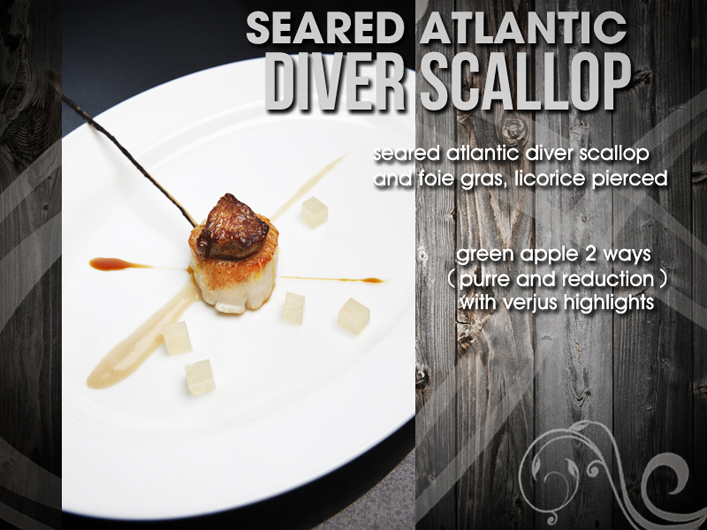 Seared Atlantic Diver Scallop and Foie gras, licorice pierced