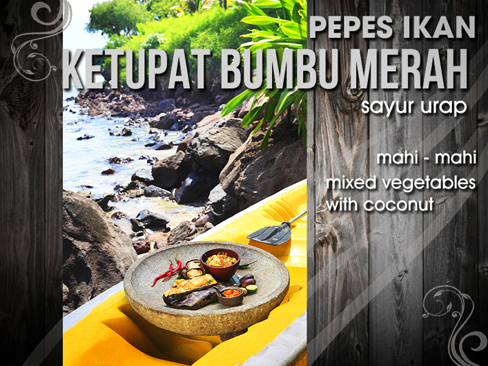 pepes ikan with ketupat, bumbu merah, sayur urab